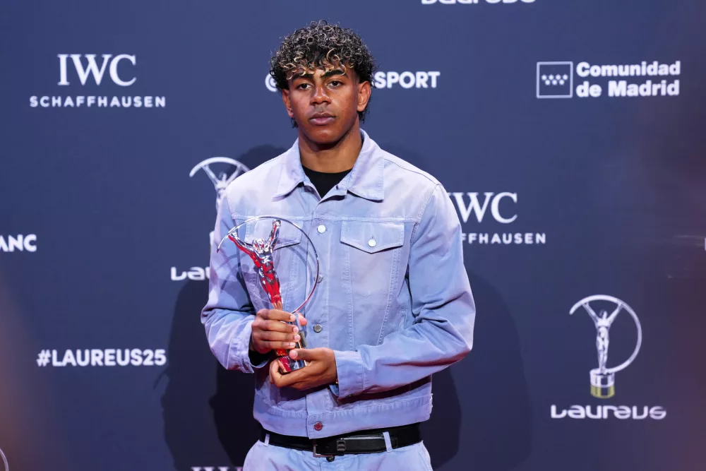 Lamine Yamal poses with Laureus World Young Sportsperson of the Year Award during the 2026 Laureus World Sports Awards ceremony in Madrid, Spain, Monday, April 20, 2026. (AP Photo/Manu Fernandez) ADDITION: with Laureus World Young Sportsperson of the Year Award
