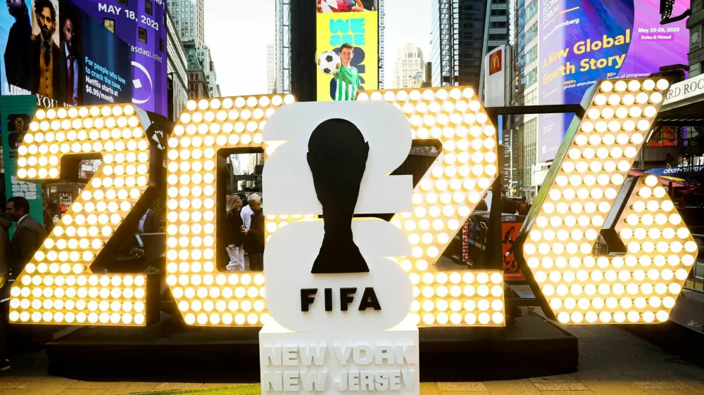FILE PHOTO: The New York/New Jersey's FIFA World Cup 2026 logo is revealed during the kickoff event in Times Square in New York City, U.S., May 18, 2023. REUTERS/Brendan McDermid/File Photo