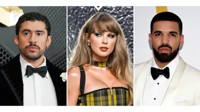 This combination of images show entertainers, from left, Bad Bunny, Taylor Swift and Drake. (AP Photo)
