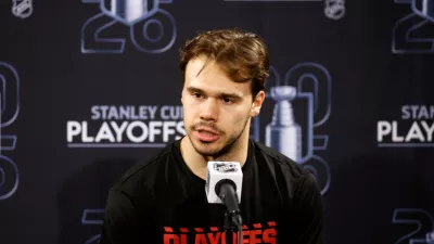 Carolina Hurricanes' Logan Stankoven speaks following Game 1 of an NHL hockey Stanley Cup second-round playoff series against the Philadelphia Flyers in Raleigh, N.C., Saturday, May 2, 2026. (AP Photo/Karl DeBlaker)