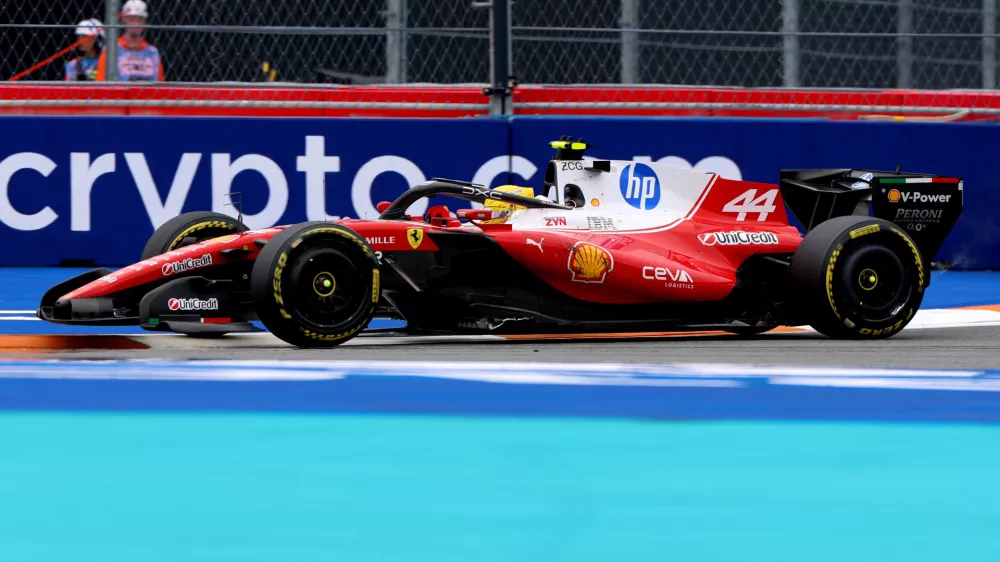 May 3, 2026; Miami Gardens, FL, USA; Ferrari driver Lewis Hamilton (44) during the Crypto.com Miami Grand Prix at Miami International Autodrome. Mandatory Credit: Nathan Ray Seebeck-Imagn Images
