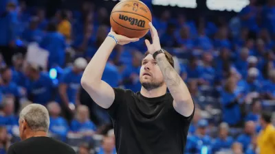 Los Angeles Lakers' Luka Doncic takes a shot during a time out from play in the second half of Game 1 in a second-round NBA basketball playoffs series against the Oklahoma City Thunder Tuesday, May 5, 2026 in Oklahoma City. (AP Photo/Kyle Phillips)