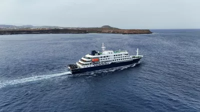 A drone view of the cruise ship MV Hondius, carrying passengers suspected of having cases of hantavirus on board, leaves Praia, Cape Verde, May 6, 2026. REUTERS/Stringer