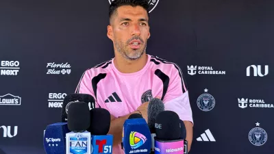 Inter Miami forward Luis Suarez speaks during an MLS soccer news conference following training, Wednesday, May 6, 2026, in Fort Lauderdale, Fla. (AP Photo/Daniel Kozin)