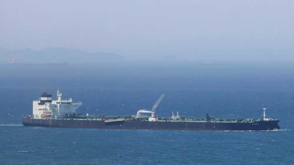 The crude oil tanker Odessa, carrying UAE crude after passing through the Strait of Hormuz with its Automatic Identification System transponder turned off, navigates the waters at Daesan port, where it is expected to discharge crude oil, in Seosan, South Korea, May 8, 2026. REUTERS/Kim Soo-hyeon