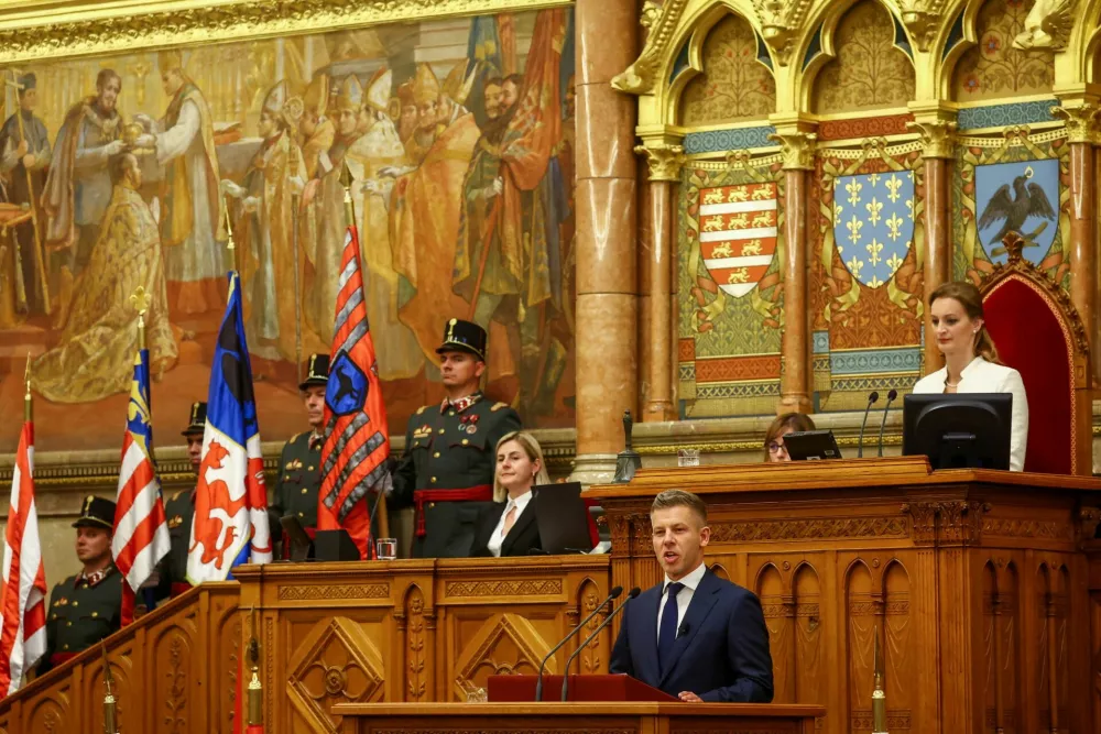Peter Magyar delivers a speech after becoming Hungary's new Prime Minister, at the Parliament in Budapest, Hungary, May 9, 2026. REUTERS/Bernadett Szabo