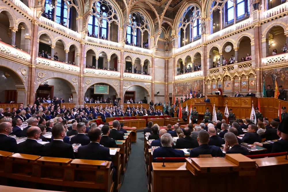 Peter Magyar takes the oath as Hungary's prime minister during a ceremony in Budapest, Hungary, Saturday, May 9, 2026. (AP Photo/Denes Erdos)