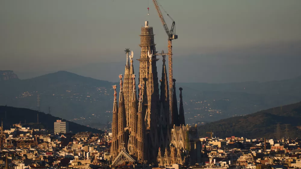 View of the Sagrada Familia basilica, which became the world's tallest church on Thursday after a section of its central tower was lifted into place, in Barcelona, Spain, Oct. 30, 2025. (AP Photo/Emilio Morenatti)A