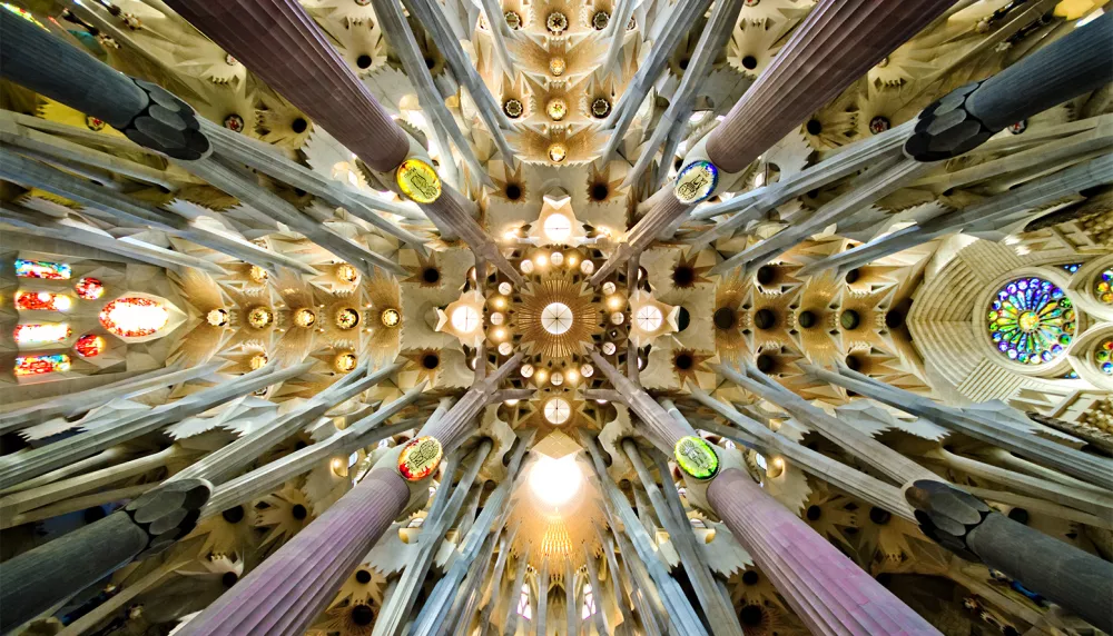 Detajl na stropu v ladji bazilike. Antonio Gaud&iacute; je zasnoval stebre, ki spominjajo na drevesa in veje. / Foto: wikipedija