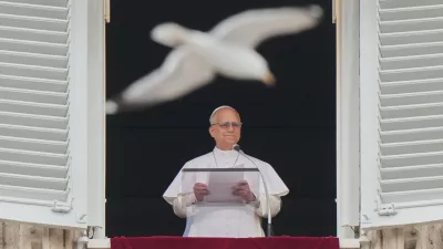 A seagull flies past as Pope Leo XIV recites the Regina Coeli noon prayer from the window of his studio overlooking St. Peter's Square, at the Vatican, Sunday, May 10, 2026. (AP Photo/Andrew Medichini)