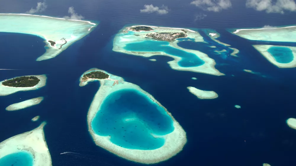 Panoramic view of Maldives islands from sea plane