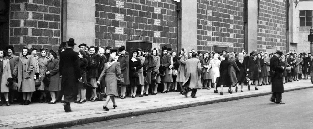 Several London stores had a limited supply of nylons and the queues for the luxury were inevitable. Pictured here are queues outside Selfridges.2nd December 1946,Image: 710688947, License: Rights-managed, Restrictions:, Model Release: no 