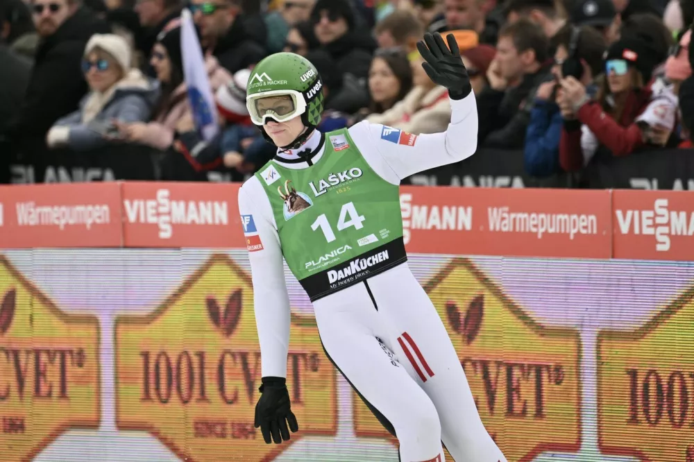 Austria's Jonas Schuster reacts during the final round of the Men's Individual Large Hill event at the FIS Jumping World Cup in Planica on March 29, 2026.,Image: 1087176780, License: Rights-managed, Restrictions:, Model Release: no 