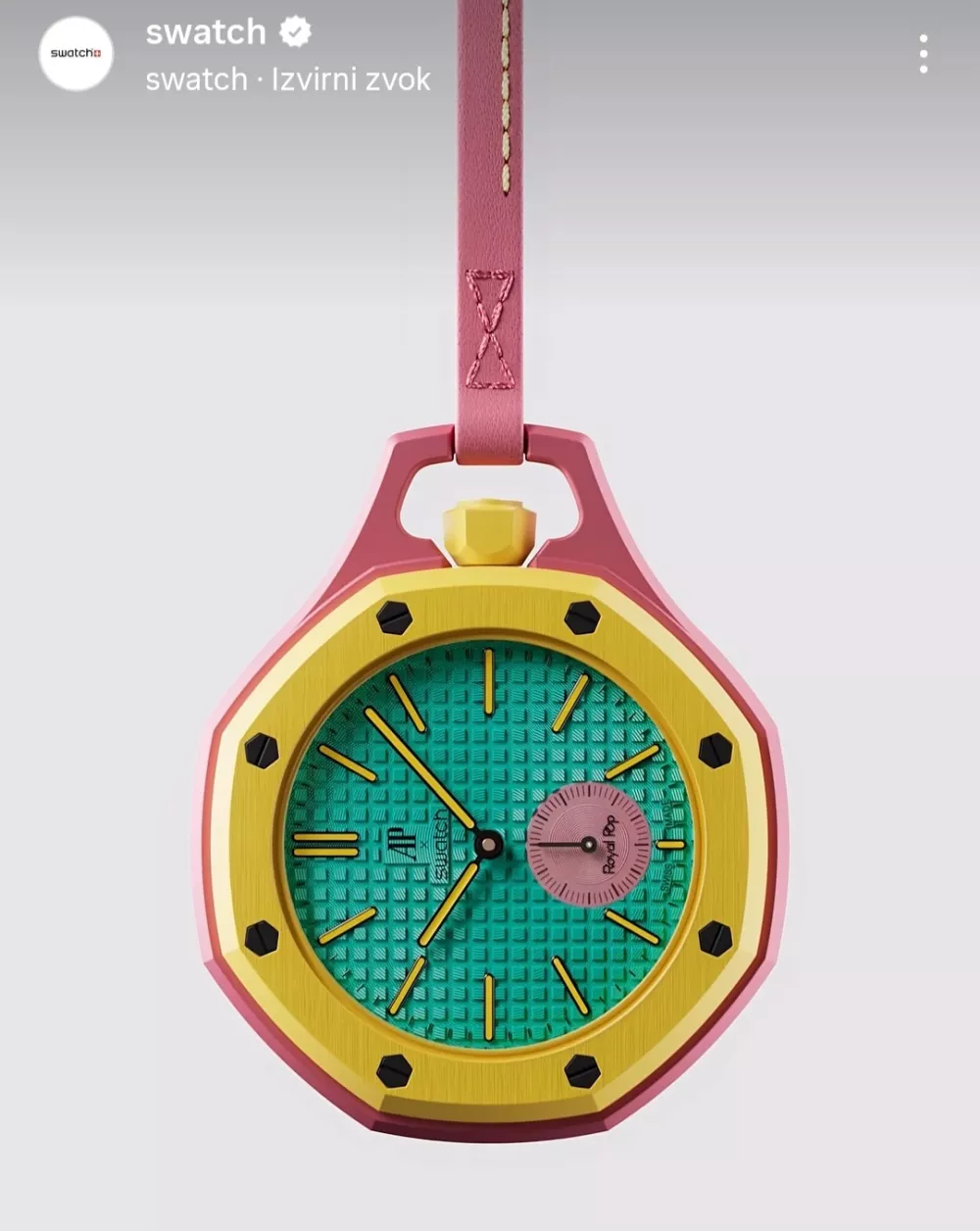 Navdihnjeno s pop artom, sodelovanje na novo interpretira žepno uro Royal Oak, ki jo je Audemars Piguet predstavil leta 1972.
