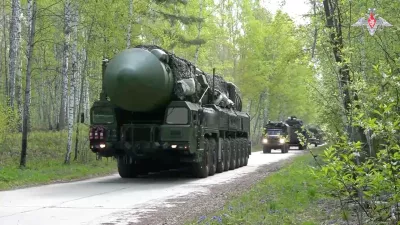 Russia's mobile strategic missile system unit drives during a nuclear forces exercise at an unidentified location in Russia, in this still image taken from handout footage released on May 21, 2026. Russian Defence Ministry/Handout via REUTERS ATTENTION EDITORS - THIS IMAGE WAS PROVIDED BY A THIRD PARTY. NO RESALES. NO ARCHIVES. MANDATORY CREDIT.