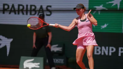 Veronika Erjavec of Slovenia returns to Elena Rybakina of Kazakhstan during their first round women's singles tennis match at the French Open tennis tournament in Paris, Monday, May 25, 2026. (AP Photo/Thibault Camus)