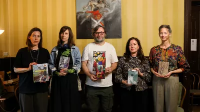 - Nina Dragičević,- Anja Radaljac,- Aljo&scaron;a Harlamov,- Tina Volarič, - Ajda Bračič,- 05.05.2026. Predstavitev nominirank in nominiranca za Cankarejeve nagrade. Cankarjeva nagrada,//FOTO: Bojan Velikonja