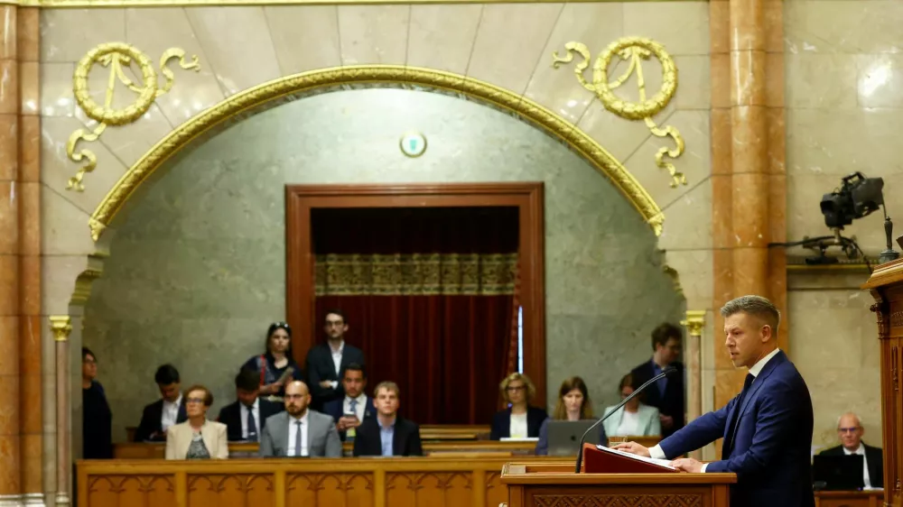 Hungarian Prime Minister Peter Magyar delivers a speech during a plenary session in the Parliament, in Budapest, Hungary, May 26, 2026. REUTERS/Bernadett Szabo