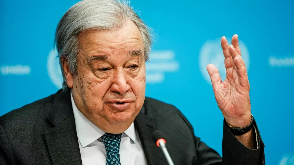 FILE PHOTO: United Nations Secretary-General Antonio Guterres speaks during a press conference outlining his priorities for 2026 at U.N. headquarters in New York City, U.S., January 29, 2026.  REUTERS/Eduardo Munoz/File Photo