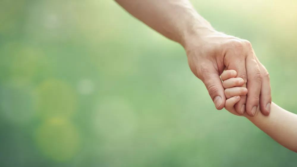 Fathers hand holding his little child in sunny day outdoor, united family and happy childhood concept, banner format with copy space.