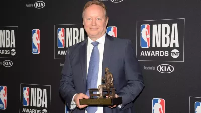 June 24, 2019; Los Angeles, CA, USA; Milwaukee Bucks head coach Mike Budenholzer poses with his coach of the year award at the 2019 NBA Awards show at Barker Hanger. Mandatory Credit: Gary A. Vasquez-USA TODAY Sports