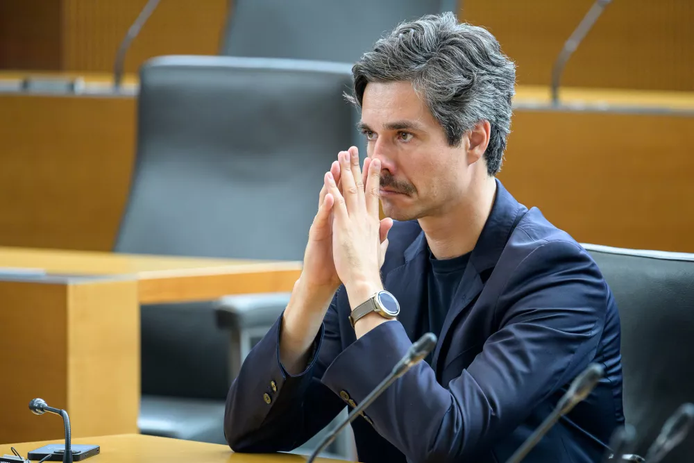Ljubljana, DZ.Izredna seja DZ, na kateri so med drugim obravnavali predlog sklepa o razpisu zakonodajnega referenduma o zakonu o interventnih ukrepih za razvoj Slovenije.Sokoordinator Levice Luka Mesec.