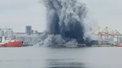 In this photo taken from video provided by OBSERVATOR ANTENA 1, an explosion of sea drone is seen in Constanta port, Romania, Friday, June 5, 2026. (OBSERVATOR ANTENA 1 via AP)
