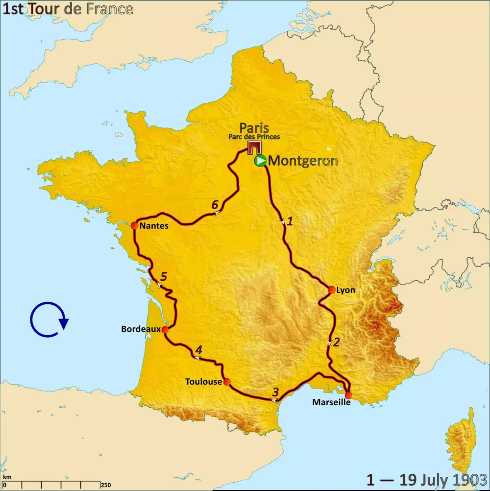 Trasa dirke Tour de France leta 1903 je potekala v smeri urinega kazalca, od Montgerona do Pariza. / Foto: Wikipedija
