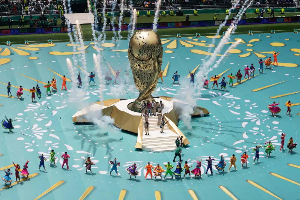 Performers on the pitch during the opening ceremony before the start of the World Cup Group A soccer match between Mexico and South Africa in Mexico City, Thursday, June 11, 2026. (AP Photo/Ricardo Mazalan)