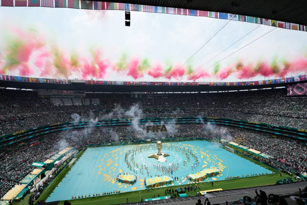 Performers on the pitch during the opening ceremony before the start of the World Cup Group A soccer match between Mexico and South Africa in Mexico City, Thursday, June 11, 2026. (AP Photo/Ricardo Mazalan)