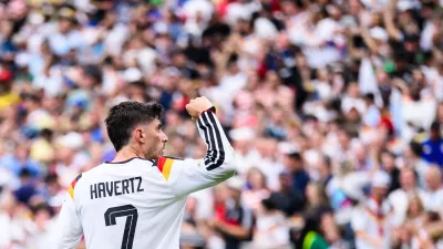 14 June 2026, United States, Houston: Soccer, Men: World Cup, Germany vs. Curaçao, Group Stage, Group E, Matchday 1, Houston Stadium, Kai Havertz (Germany) celebrates after scoring the goal that made it 3-1. ATTENTION: In accordance with FIFA regulations, these images may be used exclusively for editorial purposes. Commercial use is prohibited. Furthermore, no video-like sequences may be created, and no alterations may be made to the image, either in the foreground or the background. Photo: Tom Weller/dpa,Image: 1110384982, License: Rights-managed, Restrictions: GERMANY OUT, Model Release: no 