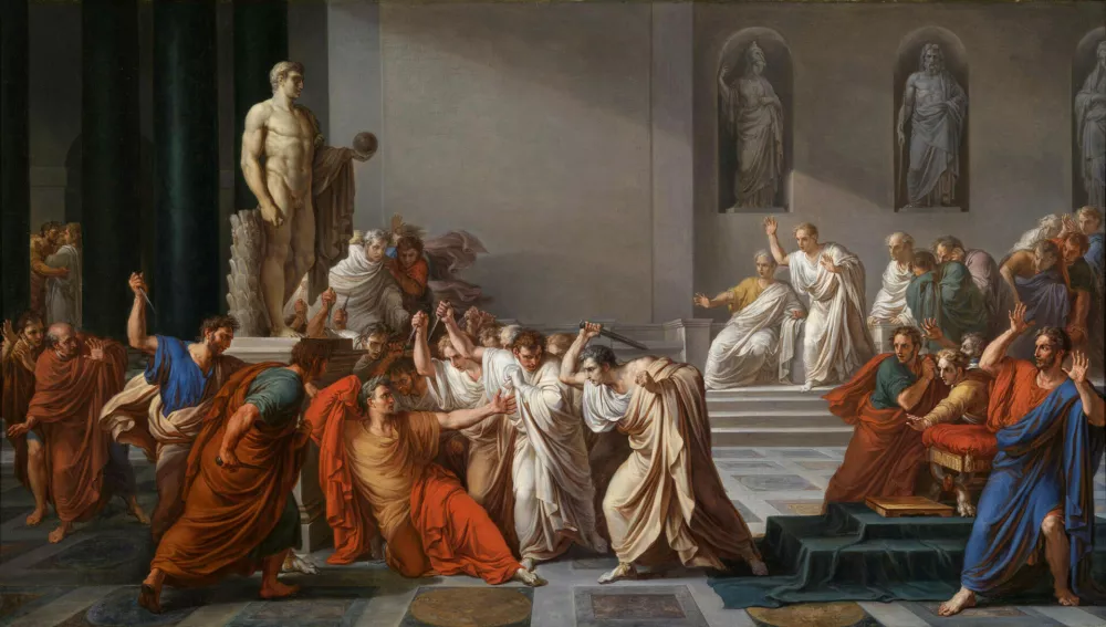 Cezarjeva smrt, kot jo je upodobil slikar Vincenzo Camuccini leta 1805, sliko pa hrani Galleria Nazionale d'Arte Moderna v Rimu. / Foto: Wikipedija