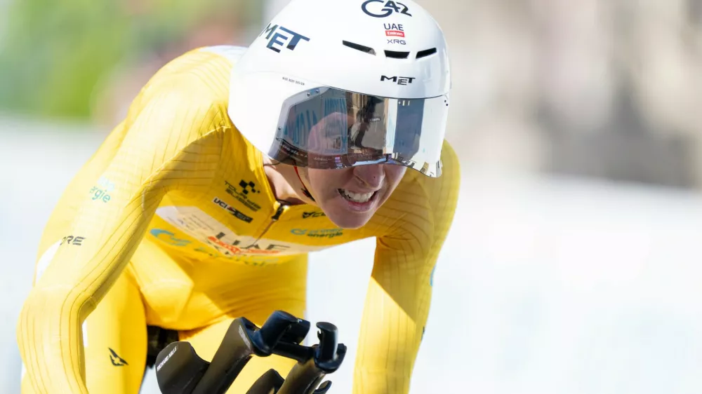 Tadej Pogacar from Slovenia pedals during the fourth stage, a 23,8 km time trial race with start and finish in Aarburg, at the 89th Tour de Suisse UCI World Tour cycling race, Saturday, June 20, 2026. (Urs Flueeler/Keystone via AP)