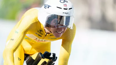 Tadej Pogacar from Slovenia pedals during the fourth stage, a 23,8 km time trial race with start and finish in Aarburg, at the 89th Tour de Suisse UCI World Tour cycling race, Saturday, June 20, 2026. (Urs Flueeler/Keystone via AP)