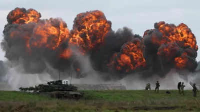 Smoke billows from a blast near Polish Abrams tank as Polish forces with NATO soldiers hold military exercises 'Iron Defender' at a military range in Wierzbiny near Orzysz, Poland, September17, 2025. REUTERS/Kacper Pempel