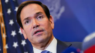U.S. Secretary of State Marco Rubio speaks with members of the media before departing for Bahrain International Airport after his visit to the Middle East to discuss the interim deal between the U.S. and Iran with Arab Gulf allies, in Manama, Bahrain, June 25, 2026. REUTERS/Eric Lee/Pool