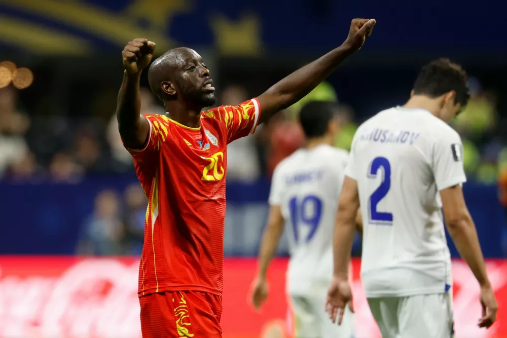 Congo's Yoane Wissa (20) celebrates a win during the World Cup Group K soccer match between DR Congo and Uzbekistan in Atlanta, Saturday, June 27, 2026. (AP Photo/Erik S. Lesser)