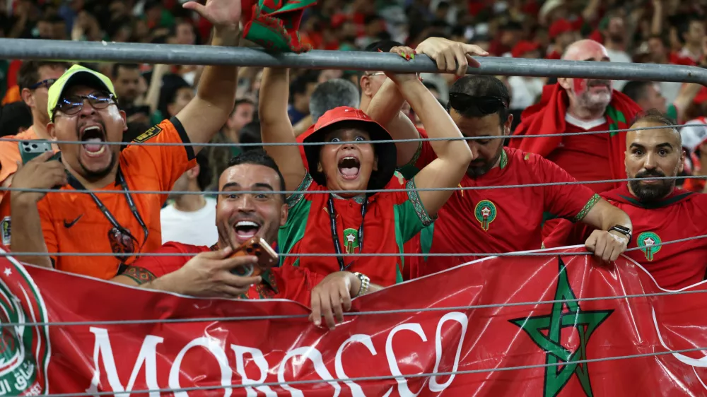 Moroccan fans celebrate after their team won on penalty kicks in the World Cup round of 32 soccer match between the Netherlands and Morocco in Guadalupe, near Monterrey, Mexico, Monday, June 29, 2026. (AP Photo/Addison Simmons)