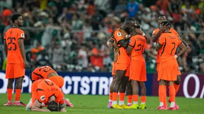 Netherlands players react following the World Cup round of 32 soccer match between the Netherlands and Morocco in Guadalupe, near Monterrey, Mexico, Monday, June 29, 2026. (AP Photo/Ricardo Mazalan)