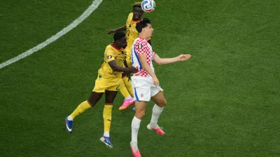Croatia's Igor Matanovic (20) battles for a header with Ghana's Derrick Luckassen (23) during the World Cup Group L soccer match between Croatia and Ghana in Philadelphia, Saturday, June 27, 2026. (AP Photo/Matt Rourke)