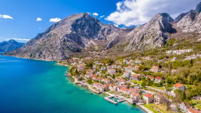Scenic Boka Kotorska bay village of Donji Orahovac aerial view, archipelago of Montenegro