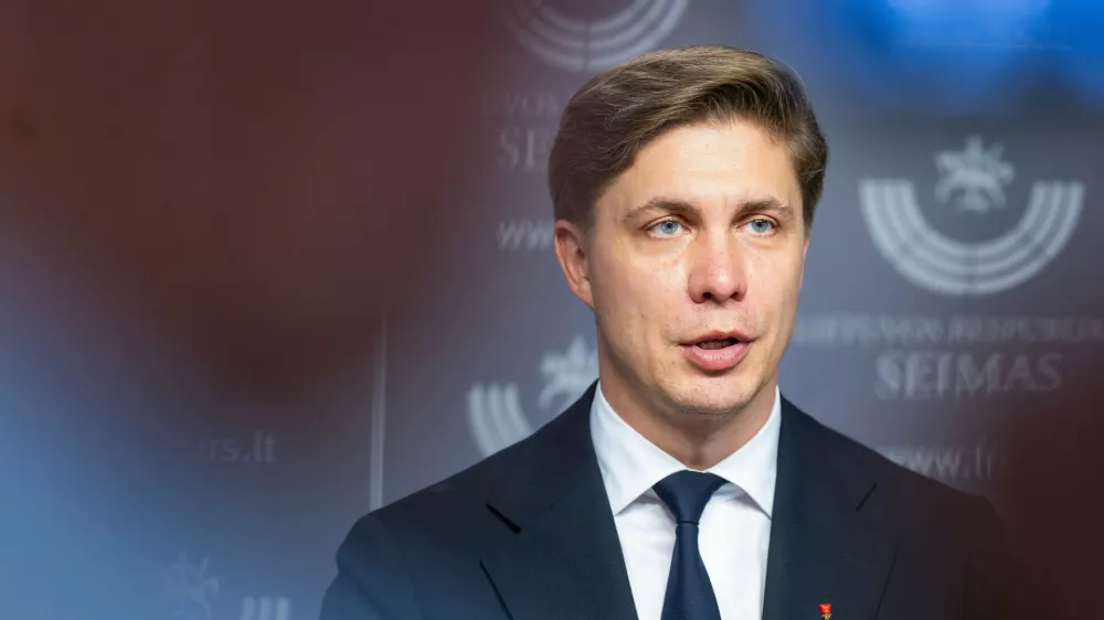 Newly elected Lithuania's Prime Minister Mindaugas Sinkevicius speaks to the media at the Parliament in Vilnius, Lithuania, Tuesday, June 30, 2026. (AP Photo/Mindaugas Kulbis)