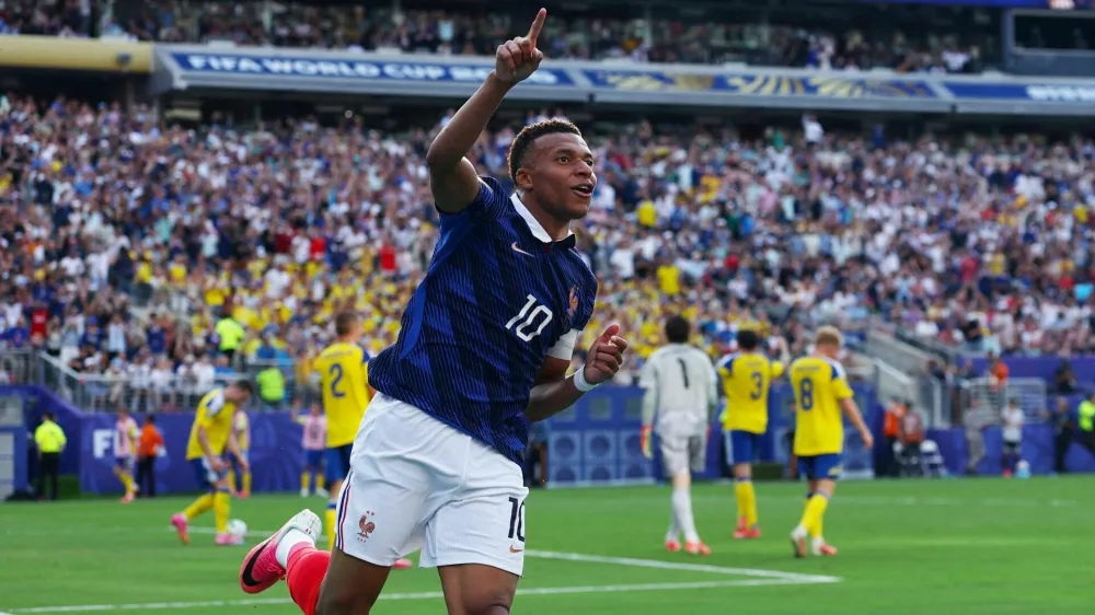 Soccer Football - FIFA World Cup 2026 - Round of 32 - France v Sweden - New York New Jersey Stadium, East Rutherford, New Jersey, U.S. - June 30, 2026 France's Kylian Mbappe celebrates scoring their third goal IMAGN IMAGES via Reuters/Vincent Carchietta