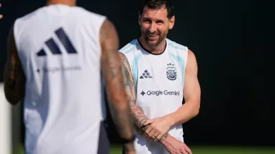 Argentina's Lionel Messi trains for the World Cup soccer tournament Monday, June 29, 2026, in Kansas City, Kan. (AP Photo/Charlie Riedel)