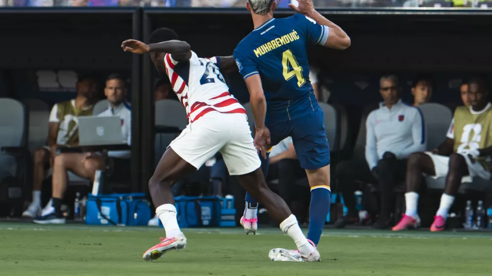 July 1, 2026, Santa Clara, California, USA: American forward FOLARIN BALOGUN (20) gets a red card for stepping on Bosnian defender TARIK MUHAREMOVIC (4) during the World Cup 2026 round of 32 soccer match between the United States and Bosnia and Herzegovina in Santa Clara, California, USA.,Image: 1114203117, License: Rights-managed, Restrictions:, Model Release: no 
