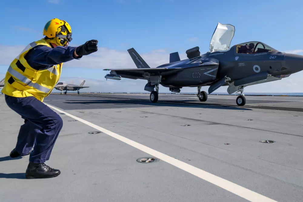 Royal Navy F-35B fighters of UK Carrier Strike Group launch from HMS Prince of Wales to intercept a Russian military aircraft, Thursday July 2, 2026. (Chris Sellars/Ministry of Defence via AP)