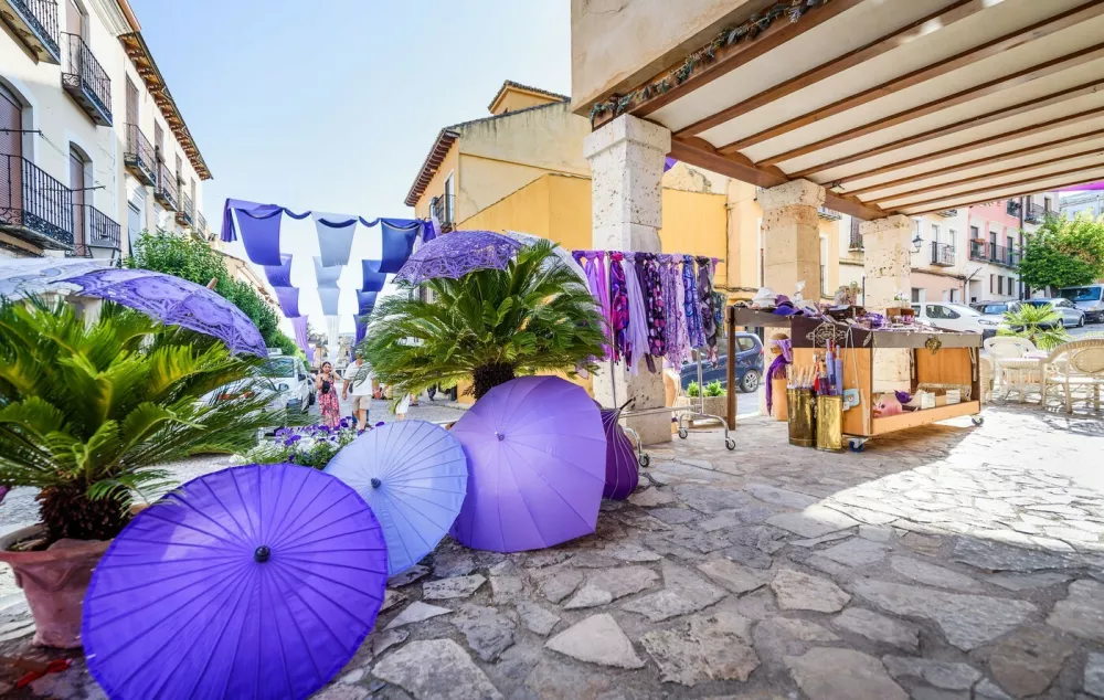 Stalls selling lavender products on July 10, 2025, in Brihuega, Guadalajara, Castilla-La Mancha (Spain). Every July, thousands of hectares of lavender and lavandin, a local hybrid, bloom in the municipality of Brihuega, known as the 'Garden of the Alcarria'. Flowering reaches its zenith between late June and July.10 JULY 202507/10/2025,Image: 1020509595, License: Rights-managed, Restrictions:, Model Release: no 