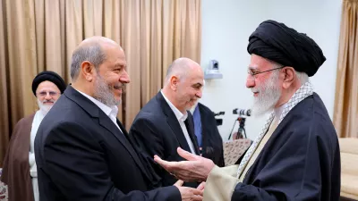 FILE PHOTO: Iran's Supreme Leader Ayatollah Ali Khamenei meets with Hamas leader Khalil al-Hayya in Tehran, Iran, February 8, 2025. Office of the Iranian Supreme Leader/WANA (West Asia News Agency)/Handout via REUTERS ATTENTION EDITORS - THIS PICTURE WAS PROVIDED BY A THIRD PARTY./File Photo