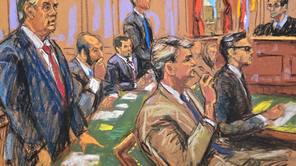 Government lawyers and lawyers for the New York Times, David O'Neil, Douglas Zolkind, Julie Edelstein and Leah Rosenberg appear in court for a hearing on subpoenas issued to New York Times' journalists who reported on security concerns about the president flying on a Qatari-donated Air Force One, as Judge Arun Subramanian presides in a courtroom in New York City, U.S., July 23, 2026 in a courtroom sketch.  REUTERS/Jane Rosenberg