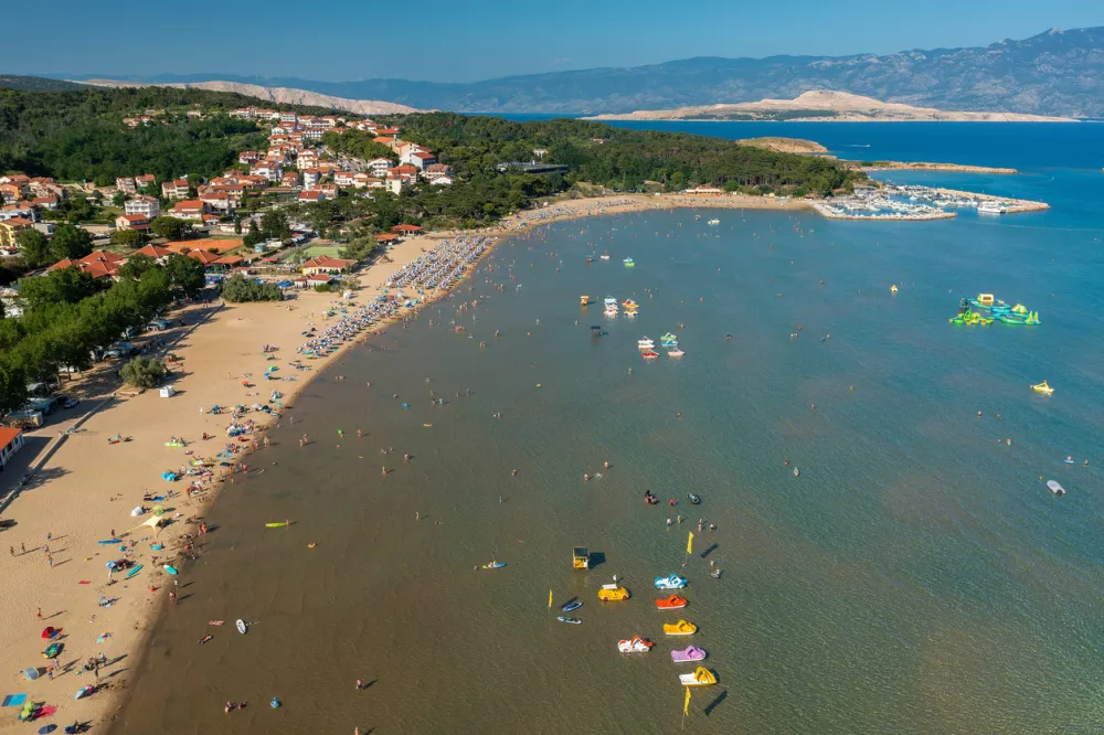 Aerial view of Rajska plaza (The Paradise Beach) on Rab Island, Croatia